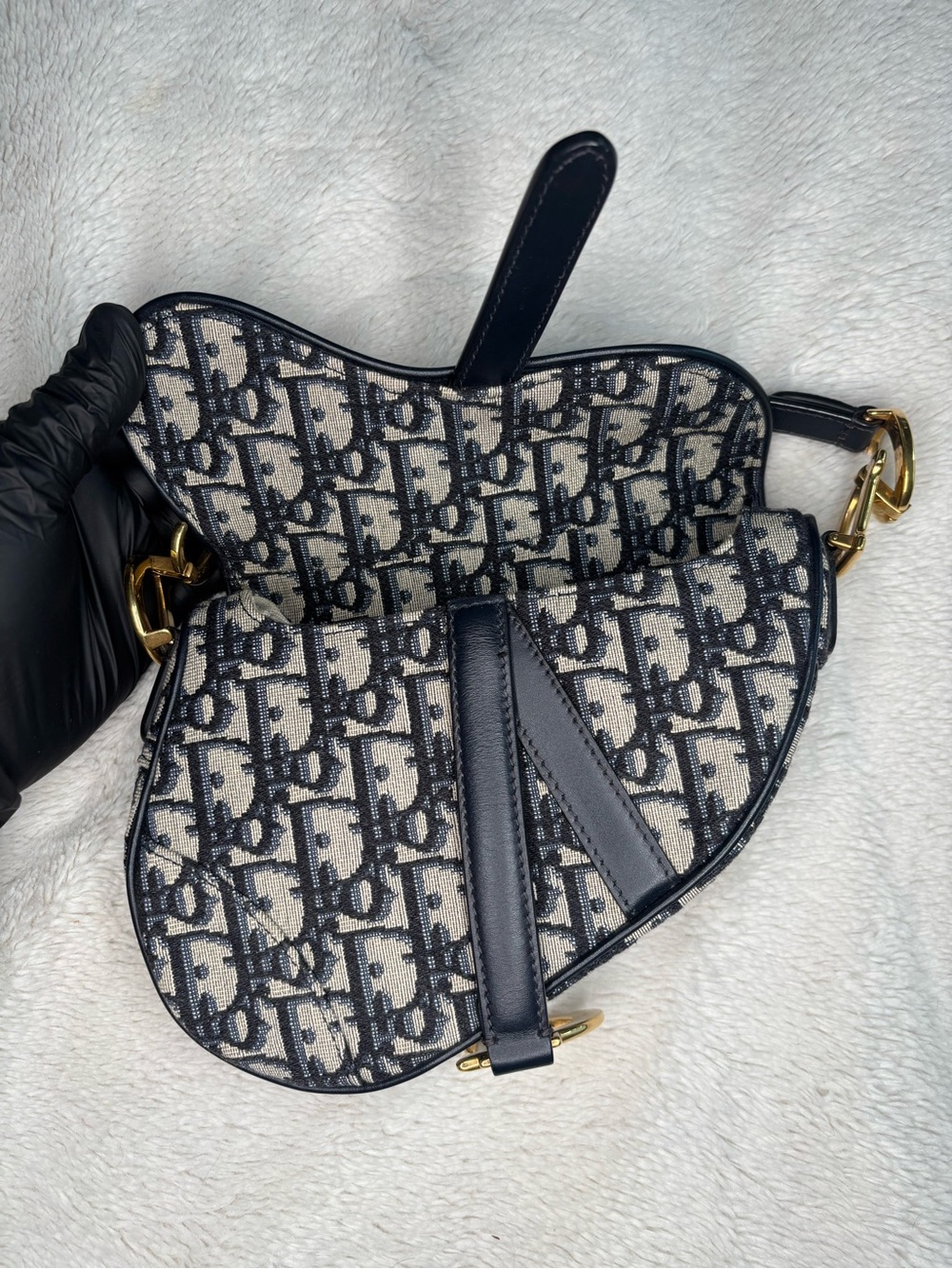 Christian Dior Vintage Oblique Saddle Bag Navy Trotter Monogram Gold Hardware - Picture 11 of 16